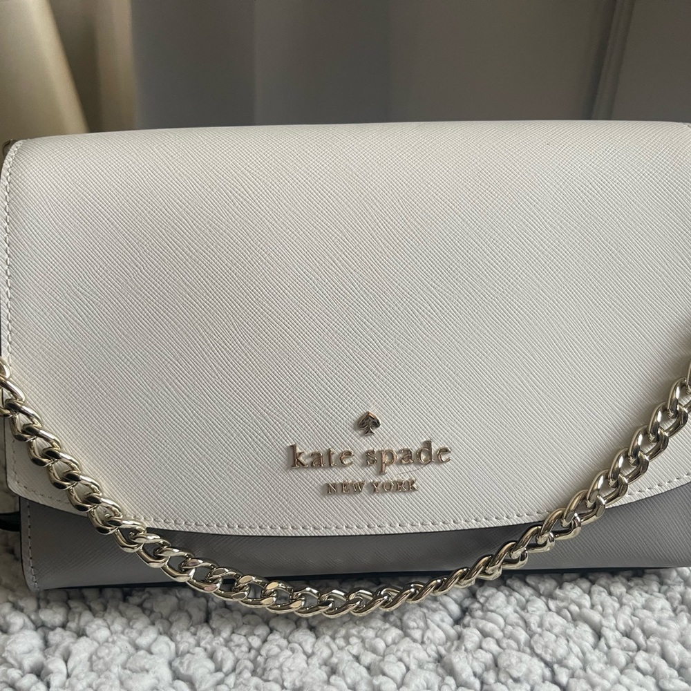 Kate Spade - Light Gray, white, black, and gold tone chain crossbody Bag.